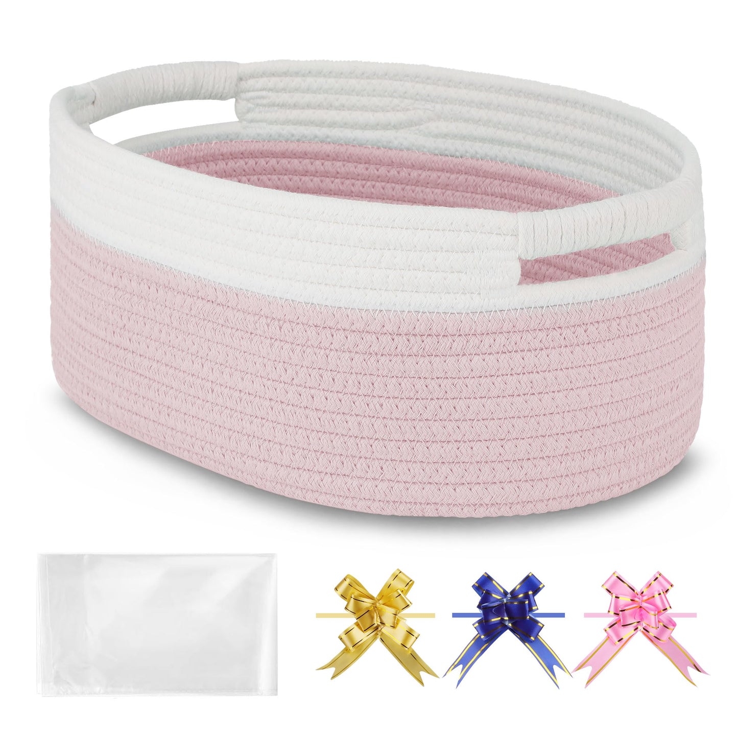 BOSROTY Small Woven Basket with Gift Bags and Ribbons, Empty Baby Gift Baskets, Shelf Storage, Small Cat Dog Pet Toy Boxes, 13”x 9”x 5.5”, Light Pink