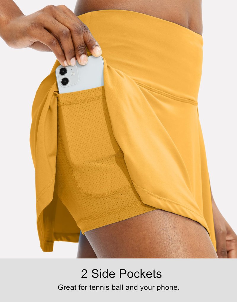 SANTINY Pleated Tennis Skirt for Women with 4 Pockets Women's High Waisted Athletic Golf Skorts Skirts for Running Casual (Yellow_M)