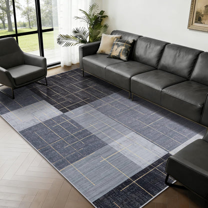 YIHOUSE 6x9 Geometric Checkered Abstract Modern Area Rugs for Living Room,Contemporary Washable Rugs with Gold Striped,Blue and Grey White Carpet for Bedroom Living Room