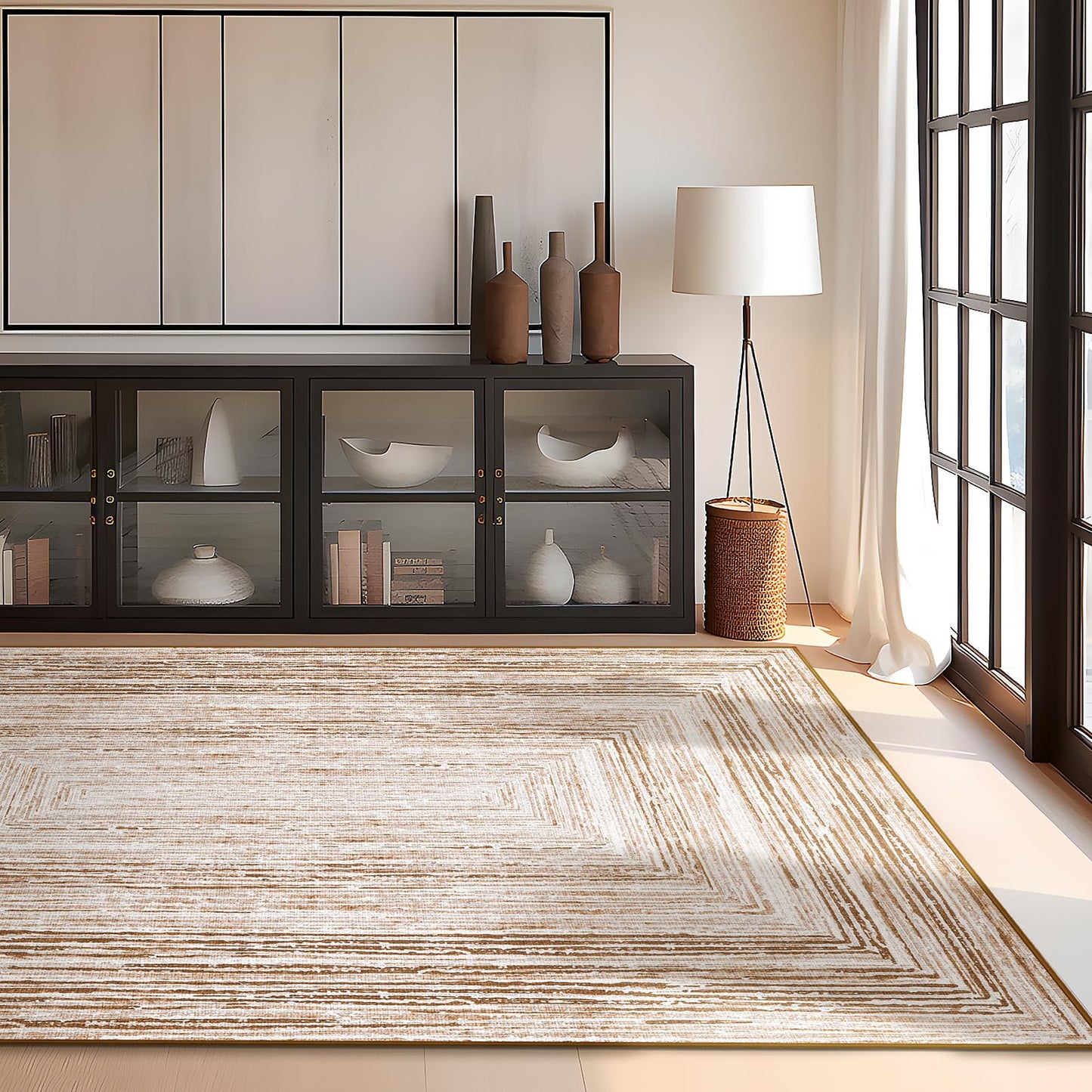 Phantoscope Washable Area Rug 5'x7' Non-Slip, Modern Neutral Boho Rugs for Living Room, Bedroom, Dining Room, Distressed Geometric Rectangle Pattern, Low-Pile Foldable Floor Carpet, Neutral Beige/Rust