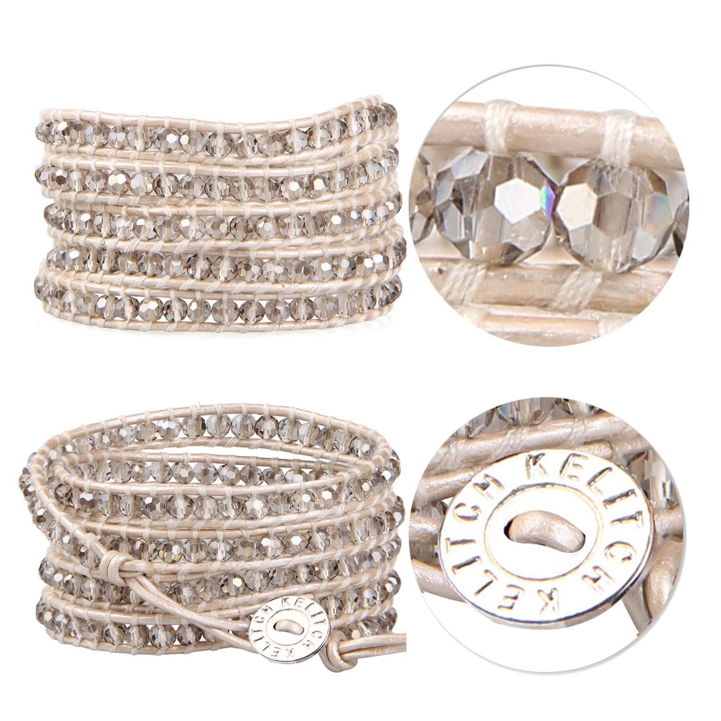 KELITCH New Gray Crystal Beaded 5 Wrap Bracelet On Leather Friendship Bracelets Jewelry for Womens