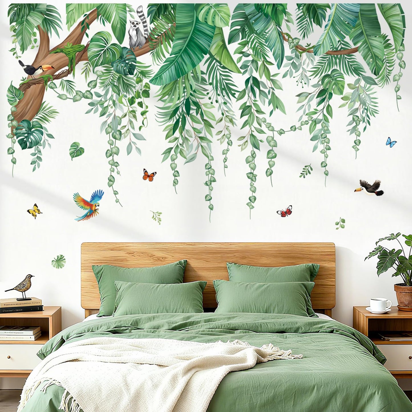 wondever Large Green Tropical Leaves Wall Stickers Hanging Vines Palm Tree Peel and Stick Wall Art Decals for Bedroom Living Room Nursery