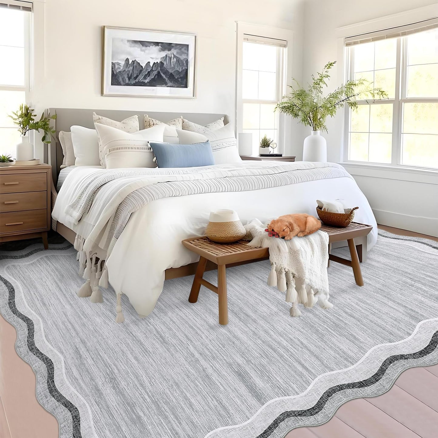 Garvee Scalloped 8x10 Rugs Washable Area Rugs for Living Room,Modern Stain Resistant Solid Rug for Bedroom, Scalloped Low Pile Non-Slip Neutral Rug for Farmhouse Dining Room Home Office Dorm,Grey