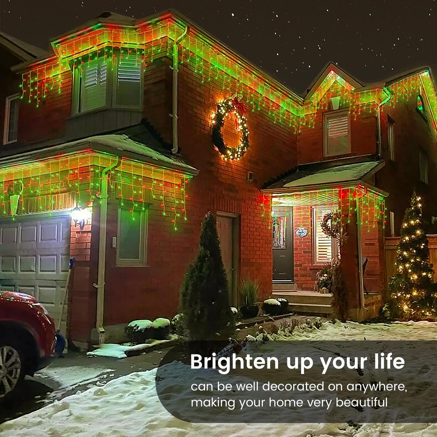 Hopolon 33FT 360L LED Christmas Icicle Lights Outdoor Waterproof,8 Modes Plug in Curtain String Lights with 60 Drops for Wedding, Party, Bedroom, Garden, Home, Wall Decorations(Red Green)