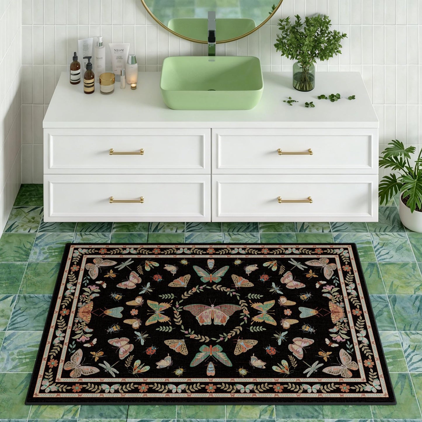 Unirea 2x3 Small Black Washable Area Rug, Door Mat Indoor Entrance Insect Rug, Non Slip Thin Area Rugs, Soft Boho Bug Entryway Rug for Kitchen, Bathroom, Bedroom, Laundry Room, Low Pile Carpet