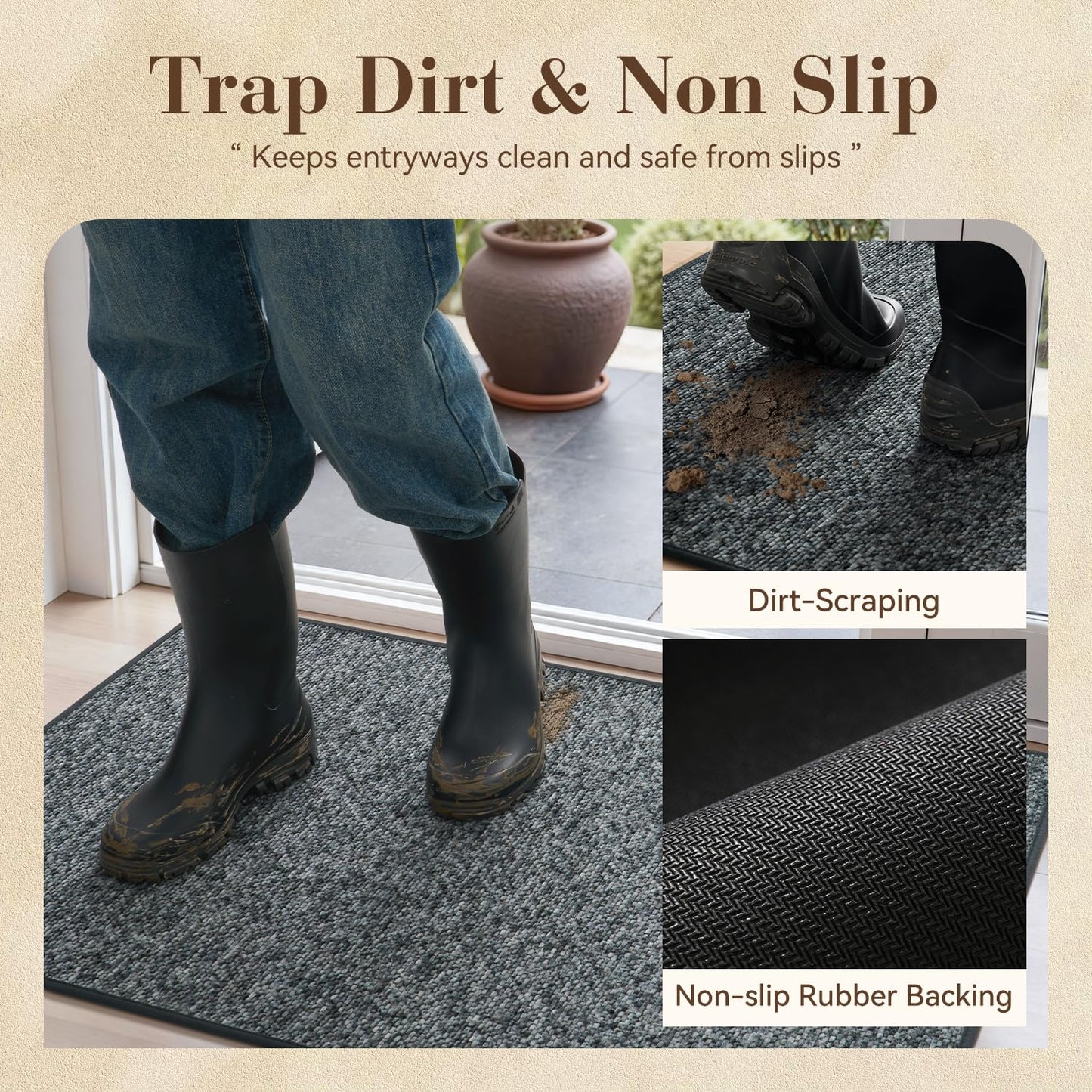 MontVoo Door Mat Indoor Entrance Doormat, Absorbent Durable Rubber Non Slip Front Door Mat for Inside Entry Entryway Dirt Trapper Welcome Mat, Darkgrey 32''x48''