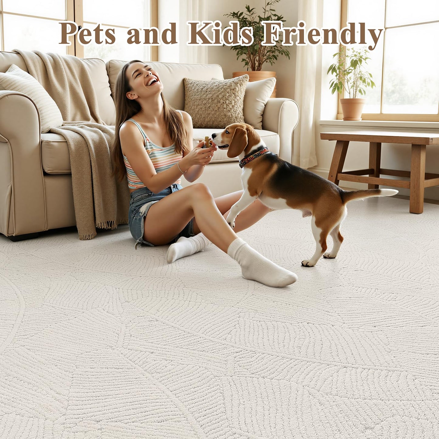 Ileading Washable Area Rug for Living Room 8x10 ft, Beige Soft Fluffy Tropical Leaf Carpet with Non Slip Backing, Low Pile Rugs for Bedroom Dining Room Indoor Home Office