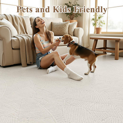 Ileading Washable Area Rug for Living Room 8x10 ft, Beige Soft Fluffy Tropical Leaf Carpet with Non Slip Backing, Low Pile Rugs for Bedroom Dining Room Indoor Home Office