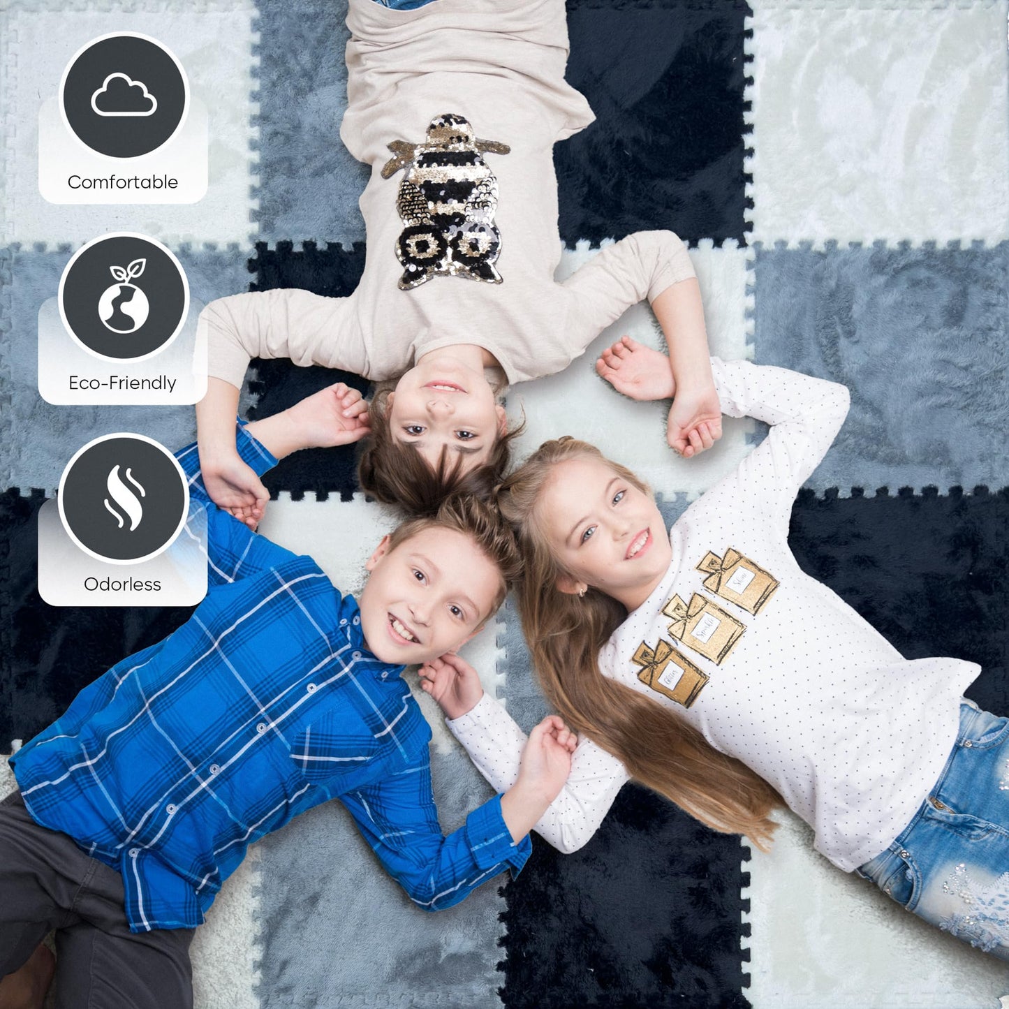 Vibezy Foam Puzzle Floor Mat - Large 16 Piece Interlocking Carpet Tiles, Thick Padded Squares for Baby Play Mats & Flooring Tile with Cushions (Blac)