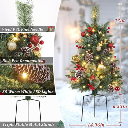 Set of 2 Outdoor Pathway Christmas Trees, 30in Artificial Xmas Tree with 35 LED Lights, 8 Lighting Modes & Timer, Red & Gold Berries, Ball Ornaments, Holiday Décor for Driveway, Porch, Yard