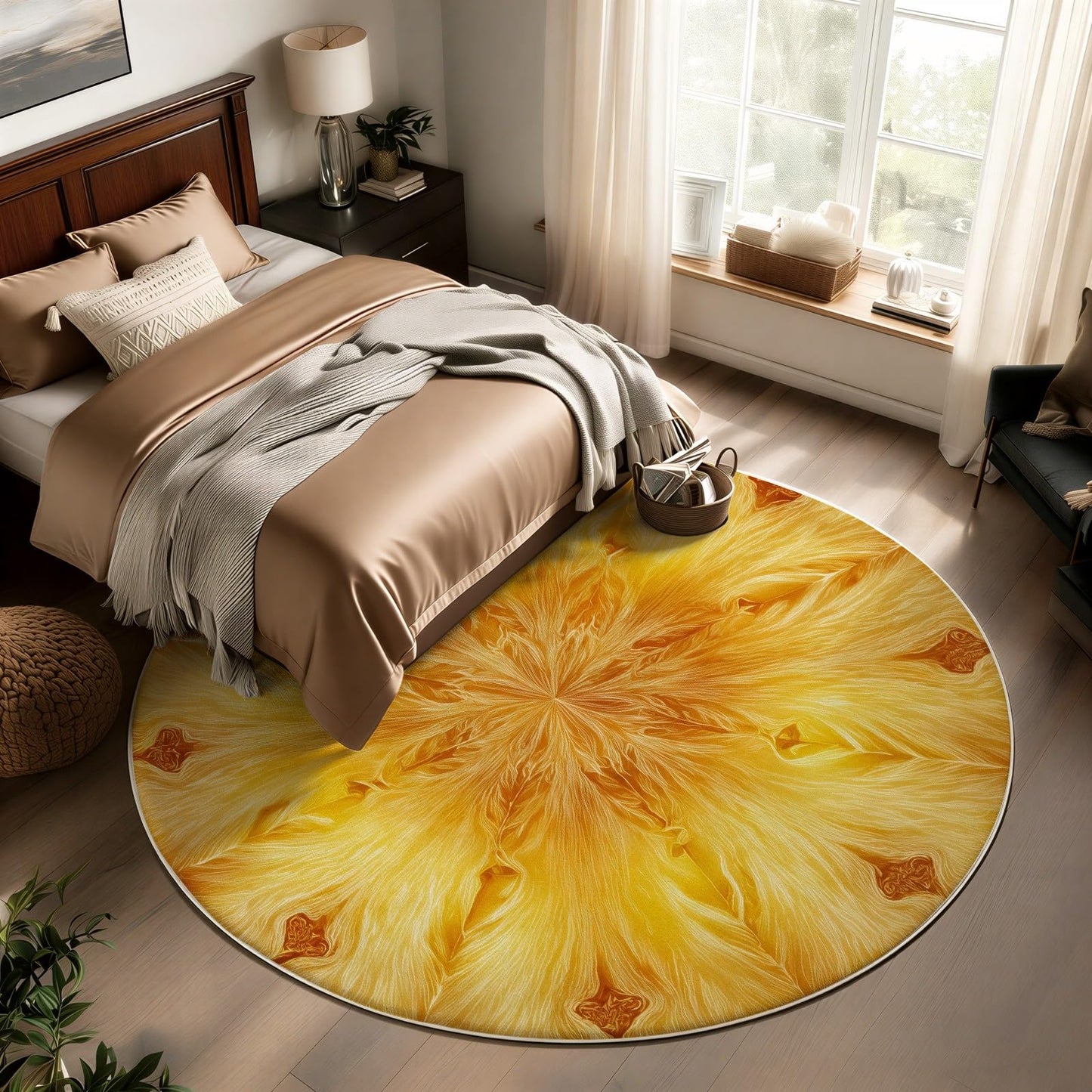 Round Rugs for Living Room, Bright Golden Yellow Circular Carpet with Abstract Sunburst Mandala Design, Washable Anti-Slip Soft Floor Mat, Indoor Home Decor Flower Rugs Under Coffee Table 4 ft