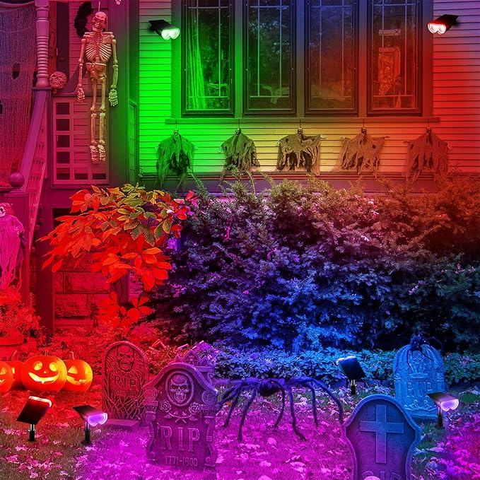 Consciot Solar Spot Lights Outdoor, Halloween Decorations 22 LEDs IP67 Waterproof Color Changing Solar Outdoor Lights, 8 Colors, 2-in-1 Adjustable Wall Lights for Garden Yard Pathway, 2 Pack(RGB)