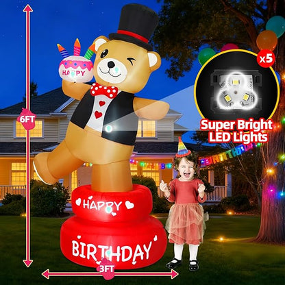 6FT Birthday Inflatable Decorations Happy Birthday Cake Outdoor Decor with Candles Lighted Blow Up Party, Brown Bear Holding Cake, Bright LED Lights for Home Celebration Garden Yard Lawn Decor