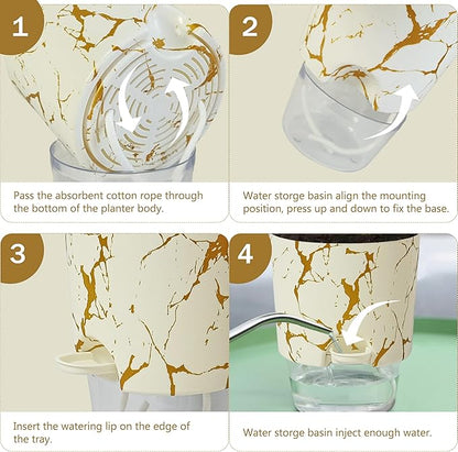 4.8 Inch Self Watering Pots for Indoor Plants 2 Pack, Plastic Modern Decorative Plant Pots with Transparent Water Reservoir, Outdoor Garden Flower Herb Succulent Pot, Marble Printed