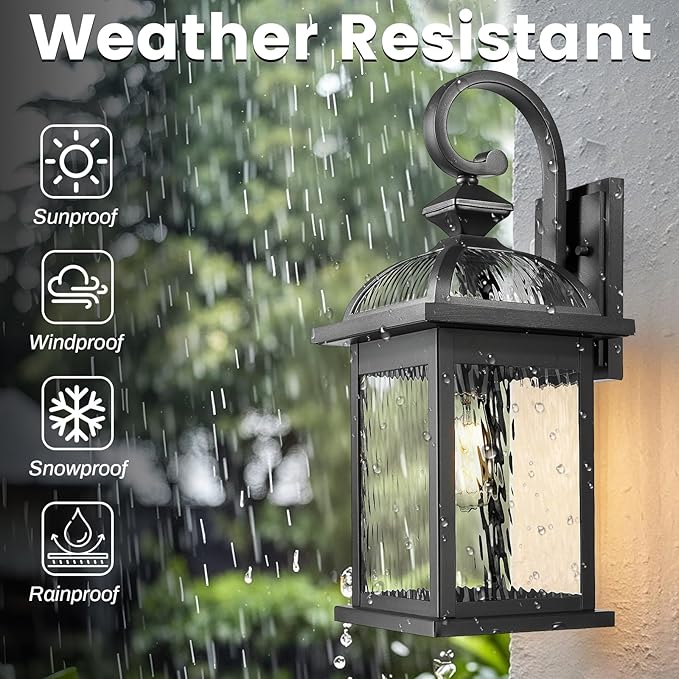 Outdoor Porch Lights Wall Mount Matte Black Outdoor Wall Lamps with Water Ripple Glass 15 Inch Large Aluminum Exterior Lighting Fixtures for Garage Front Door E26 Socket