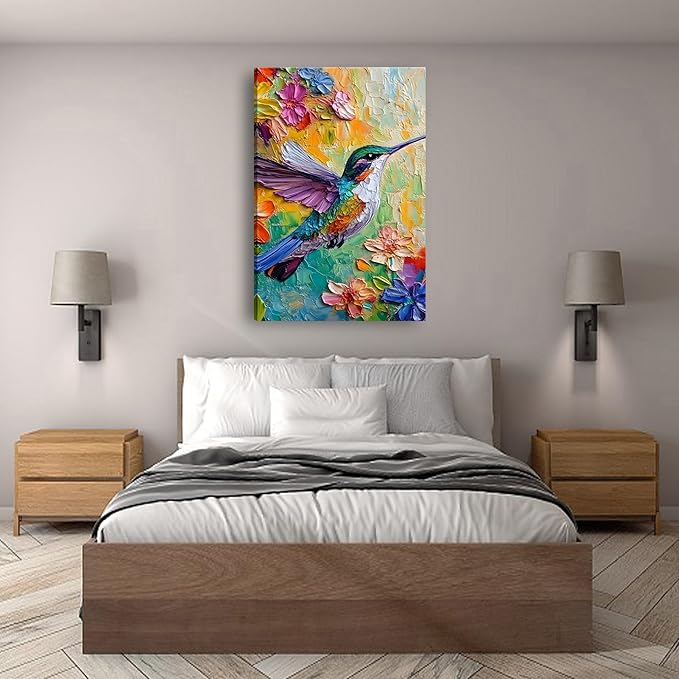 2D No Texture Colorful Painting Hummingbird Canvas Wall Art, Spring Flower Wall Decor, Cute Poster Hummingbird Picture for Wall Living Room Bathroom Bedroom Home Decoration 16*24 in (Poster No Frame)