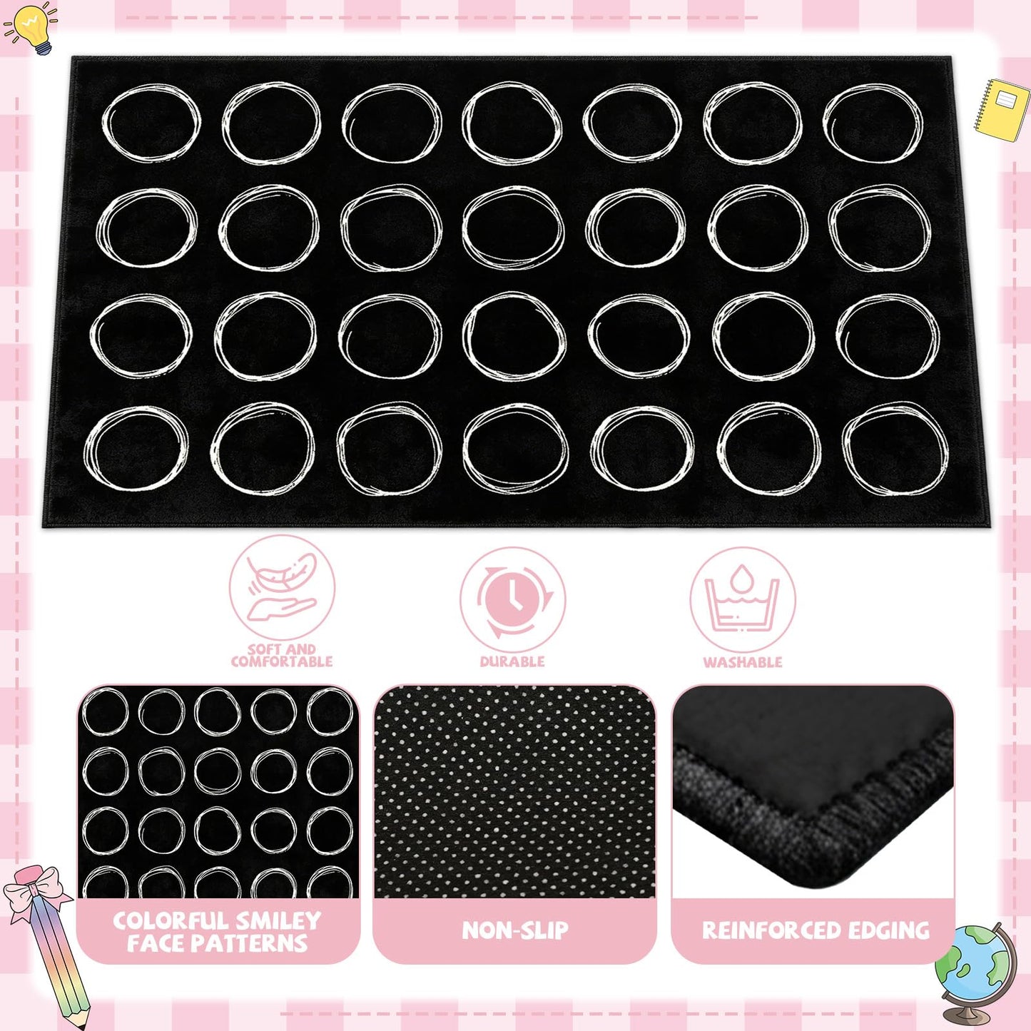 7.6x12 ft Large White Circles Abstract Classroom Rug Black and White Educational Area Mat Circle on Black Play Carpet Back to School Learning Mat for Preschool Playroom Nursery Kindergarten(Circles)