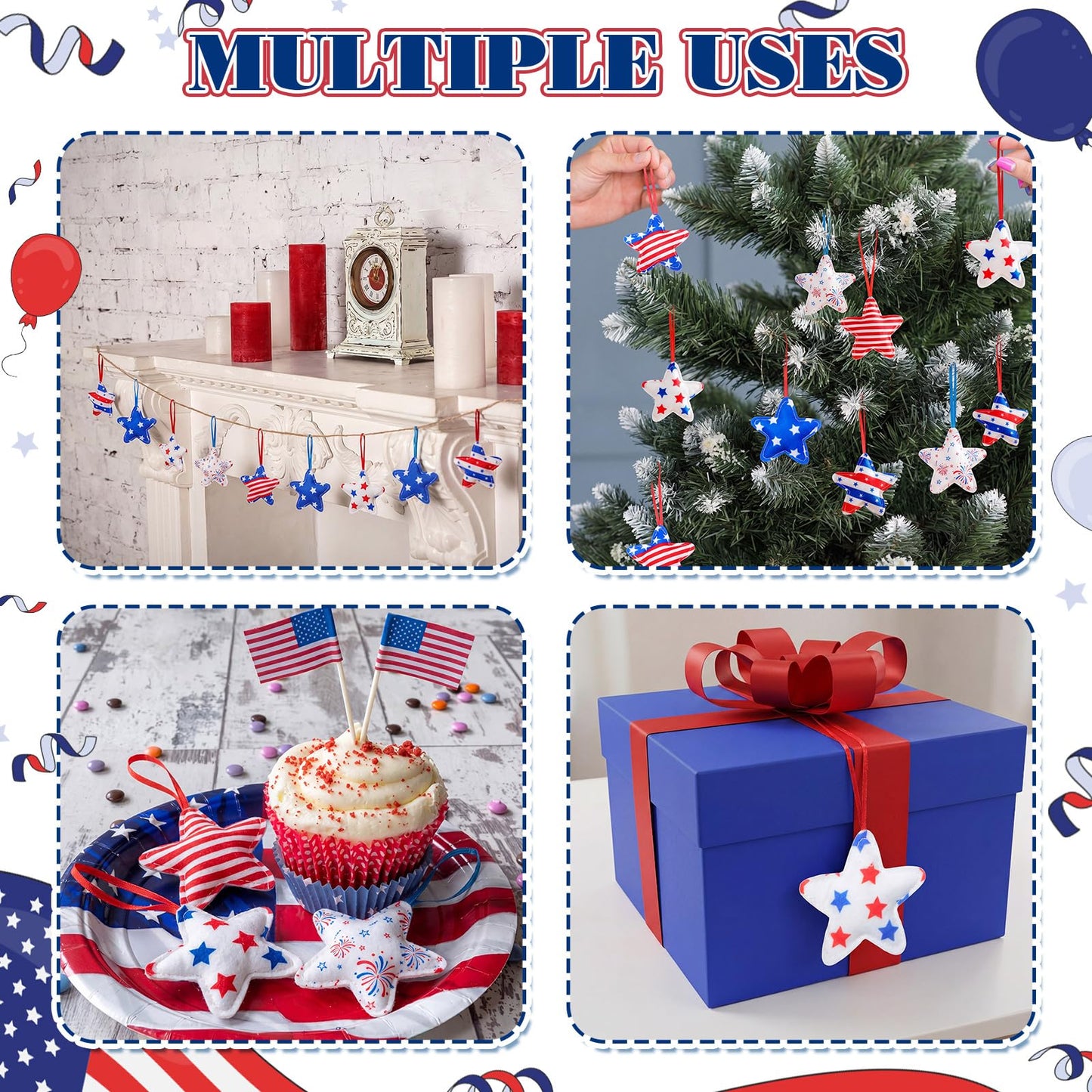 RattanView 24 Pcs 4th of July Ornaments Felt Star Patriotic Decoration for Tree 250th Anniversary Red White Blue Hanging Ornaments for Independence Day Memorial Day Party Supplies (Star)