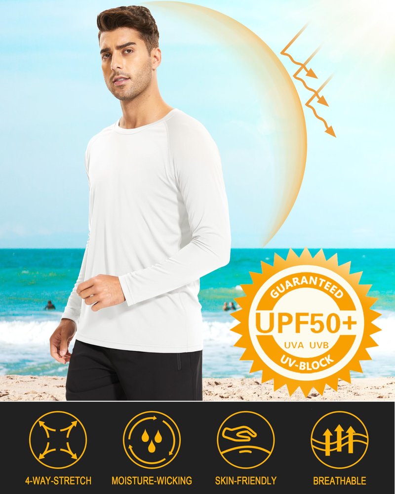 MAGCOMSEN Quick Dry Shirts for Men Long Sleeve Rash Guard Swim Sun UV UPF 50 Athletic Hiking Fishing Running Cooling T-Shirt White