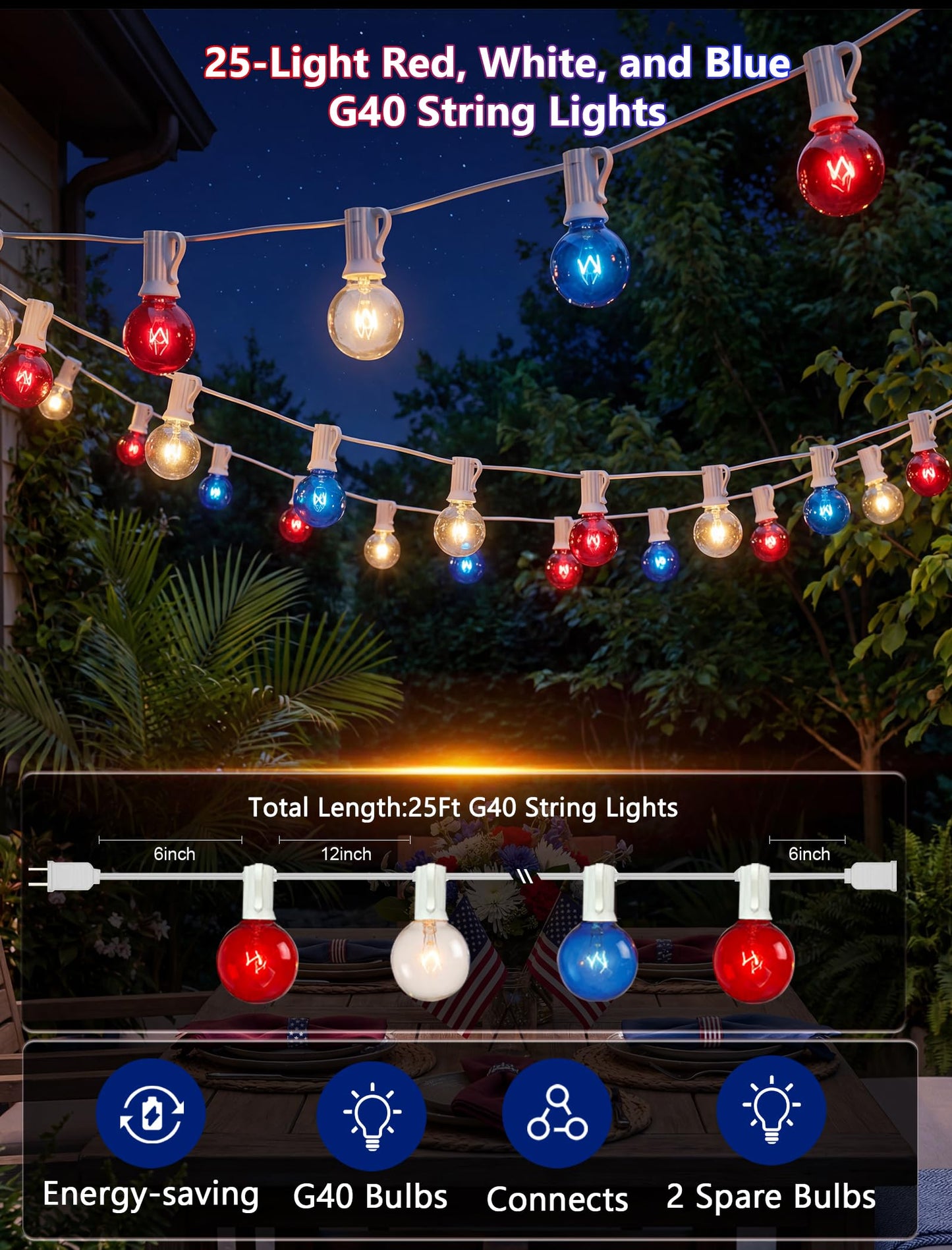 25Ft G40 Red White and Blue String Lights, 4th of July Decorations Lights Plug in with 27 5W Globe Light Bulbs, Waterproof Outdoor Patriotic Lights for Memorial Day Independence Day Home Patio Decor