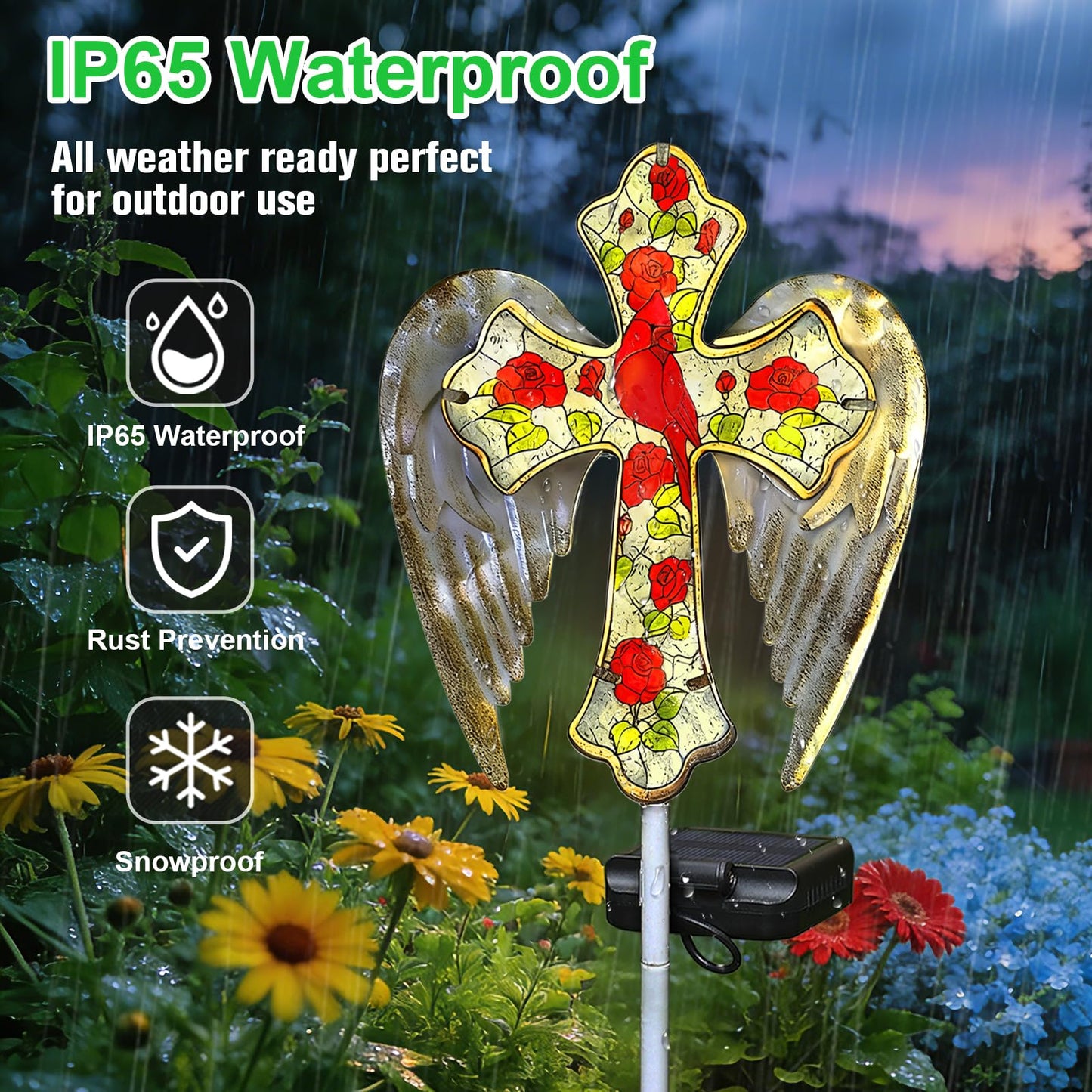 Solar Cross Lights Outdoor, Solar Cardinal Stake Lights Cemetery Decorations for Grave, Jesus Cross Sympathy Memorial Gifts for Women Mom Christmas, Glass Garden Art for Cemetery Yard Patio