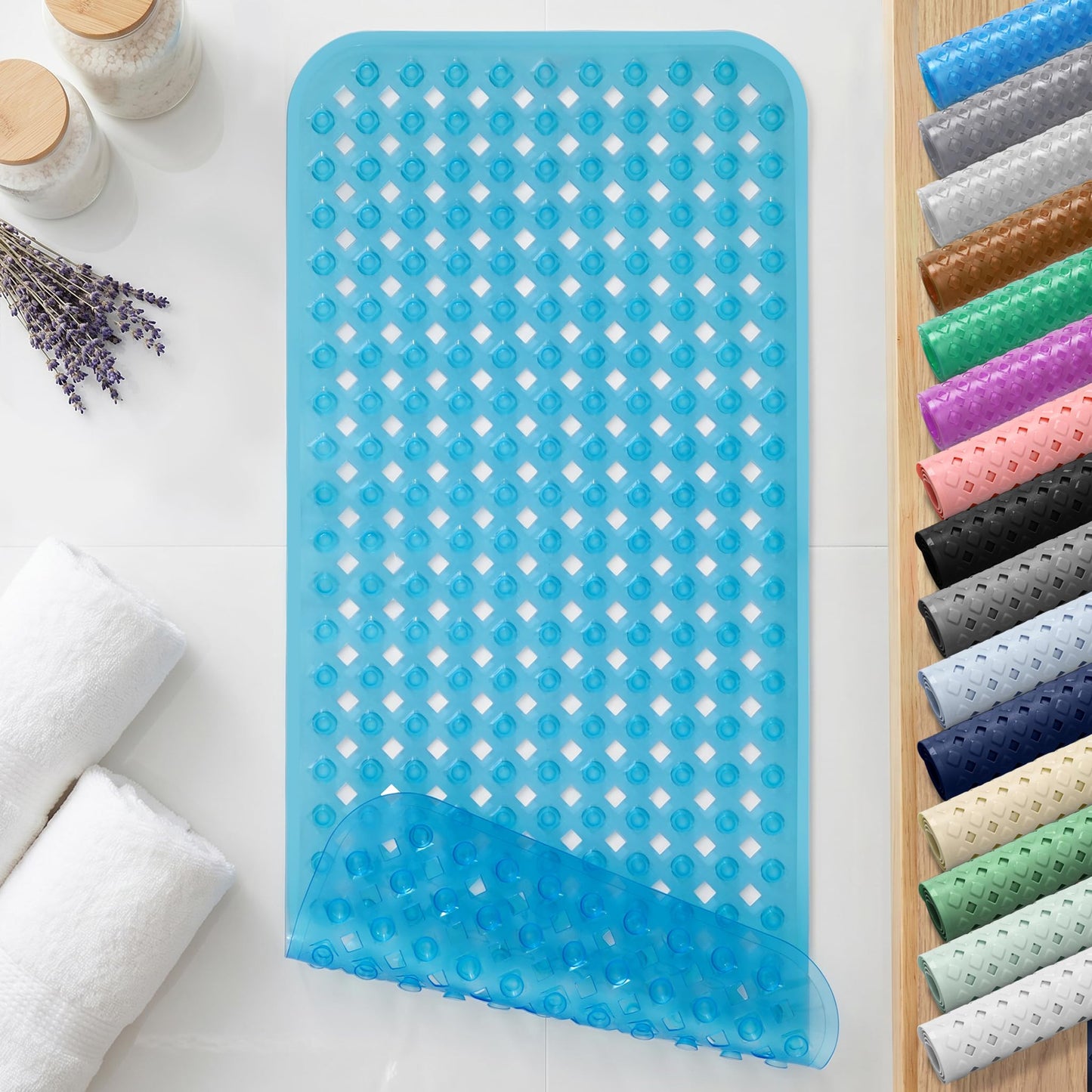 Yimobra Bathtub Mat Non Slip, 35"X16" Shower Mat with Strong Suction Cups & Drain Holes, Long Anti Slip Bath Tub Mat for Inside Shower, Machine Washable Fast Drying, Bathroom Essentials, Clear Blue