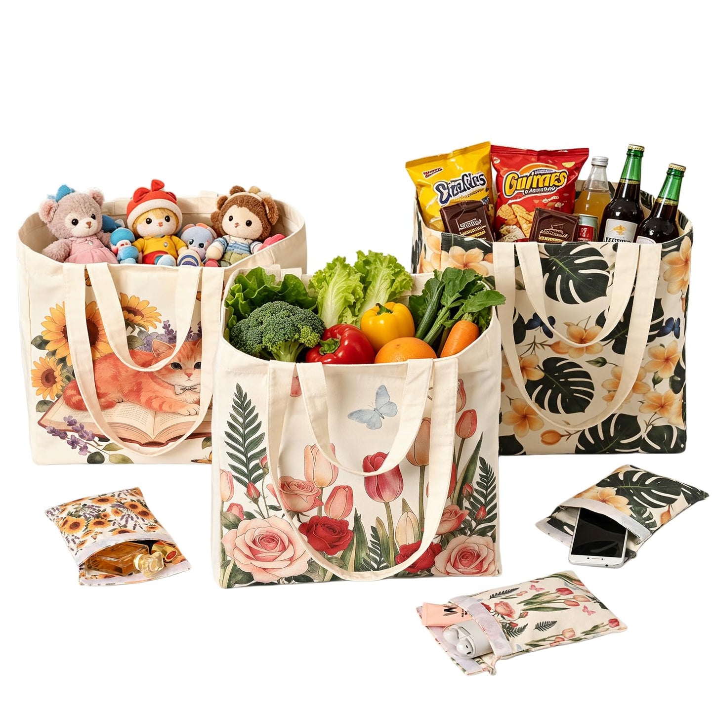 KIDJFGG Large Canvas Grocery Tote Bag, 3 Pack Heavy Duty Cotton Canvas Totes with Removable Bottom Support & Small Storage Pouch, Washable, 2 Handles Reusable Grocery Bags for Shopping, Women's Gift