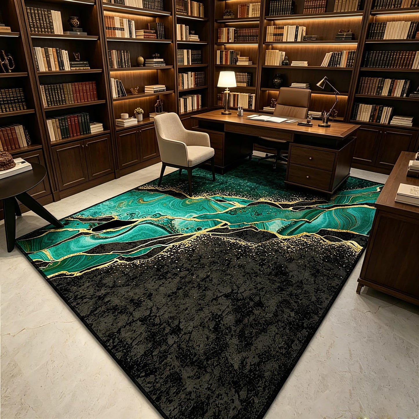 Qkjtyt Emerald Green Black Abstract Marble Area Rugs Modern Glitter Swirl Throw Rugs for Study Room Home Office Low Pile Floor Mat Carpets,4'x6'