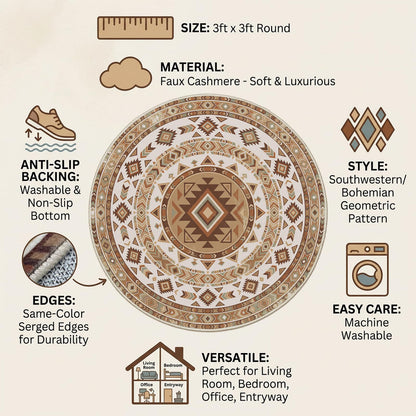 Doteon 3ft Southwestern Round Rug, Geometric Tribal Circle Carpet, Soft Faux Cashmere Non-Slip Rug for Bedroom and Entryway