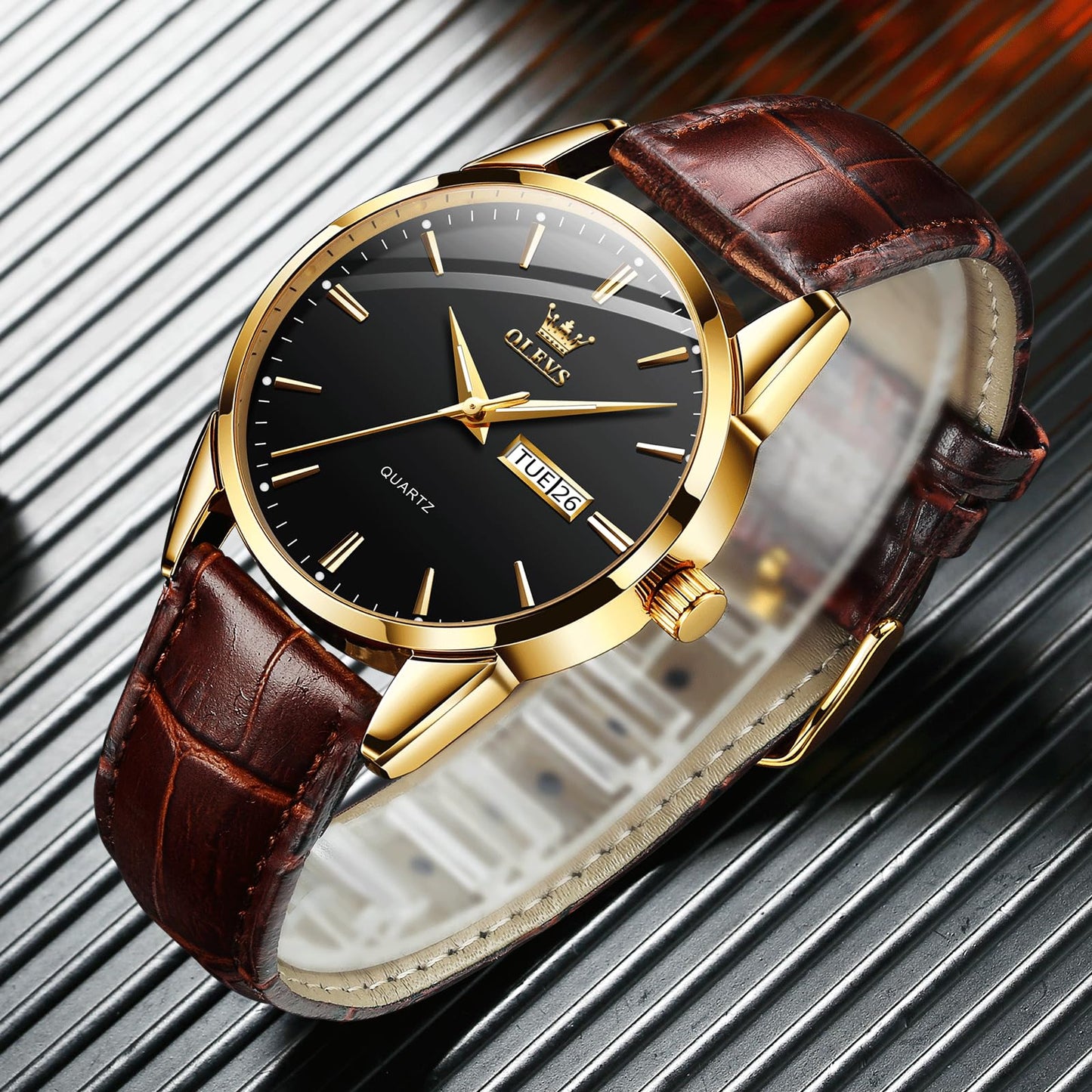 QBAIZI Mens Gold Watches Brown Leather Band Analog Dress Wristwatch for Men Black Face Luxury Male Watch with Day Date Easy to Read Vintage Men's Wrist Watches Waterproof Luminous Reloj para Hombre