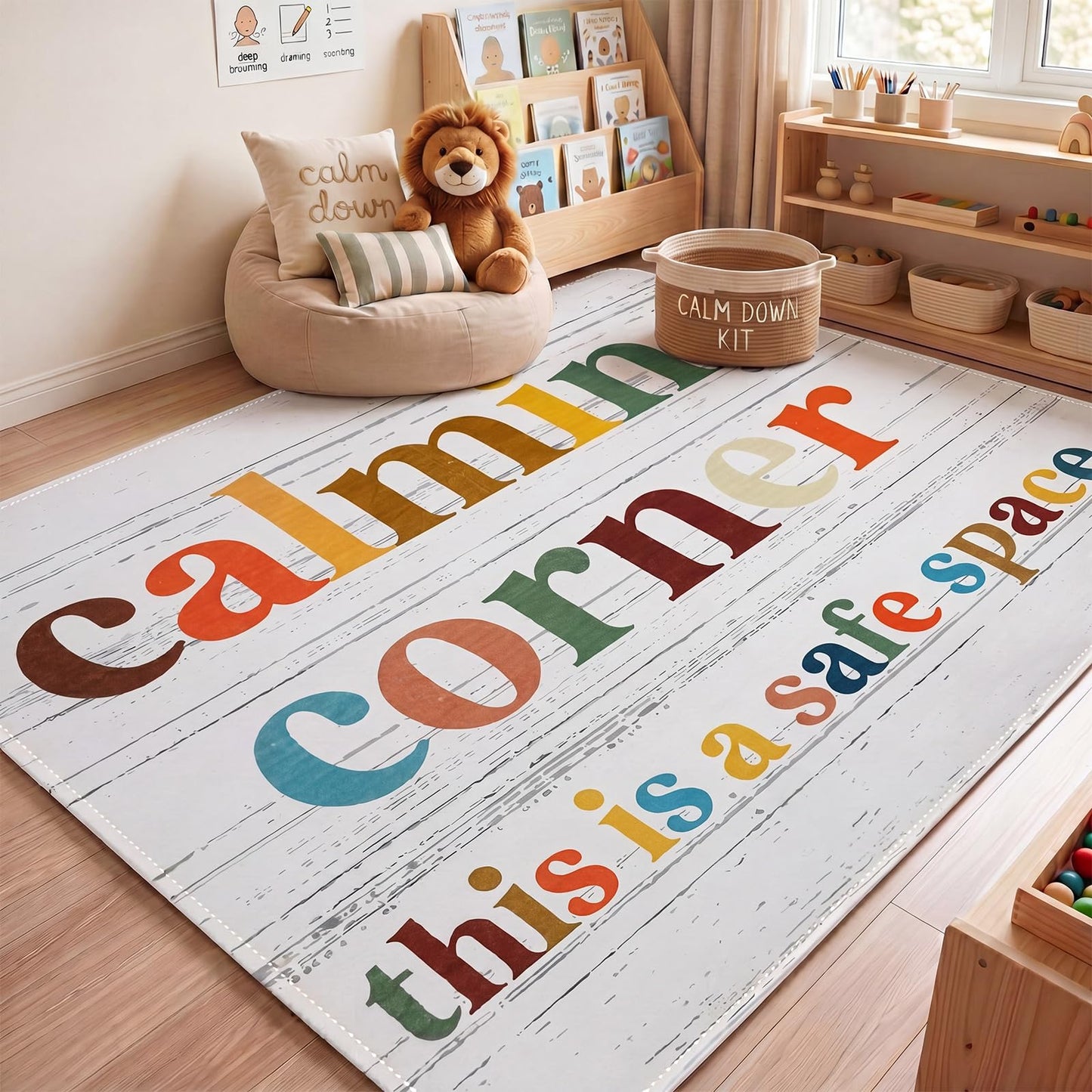 Dunzy 3.3 x 4 ft Calming Corner Items Calm Corner Classroom Rug Reading Rug Soft Fluffy Mental Health Feelings Floor Mat for Back to School Living Bedroom Playroom First Day of School Decor