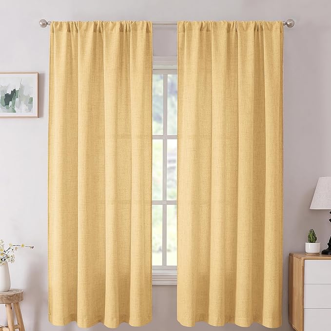 Tollpiz Short Linen Curtain Living Room Rod Pocket Semi Sheer Curtains Burlap Light Filtering Thick Linen Drape for Bedroom, 54 x 45 inches Long, Beige, Set of 2 Panels