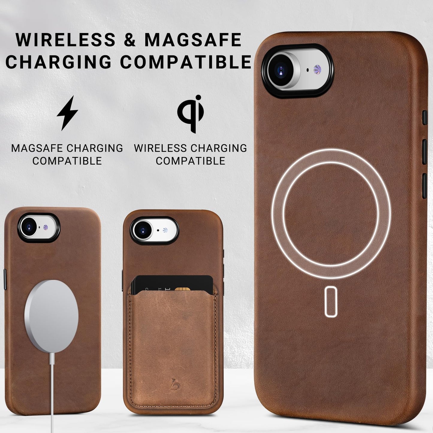 Belemay Handcrafted Crazy Horse Leather Case for iPhone 17e / iPhone 16e, Compatible with MagSafe, Vintage Aesthetic, Two-Tone Effect, Unique Patina, Metal Buttons Cover (6.1"), Vintage Brown