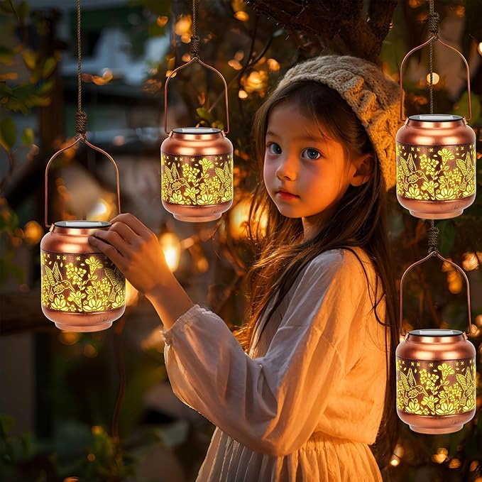 Hummingbird Solar Lanterns Outdoor Hanging, Waterproof Metal Solar Lights Outside for Garden Porch Yard Patio Pathway Tabletop Landscape Decor, LED Lantern Gifts for Women Mom Grandma