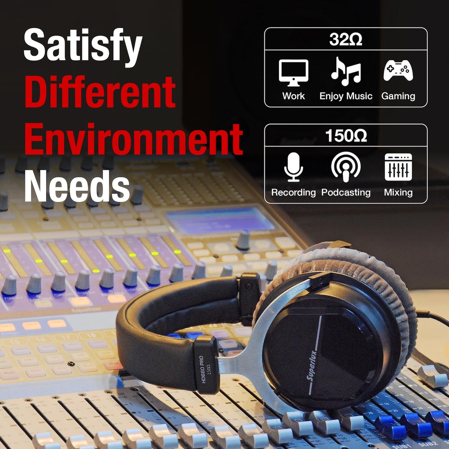 Superlux HD 660PRO, 32 ohms, Studio Recording Headphones Wired, Professional Closed-Back Headphone with 40mm Neodymium Drivers and Solid Bass, 3.5/6.3mm Jack Adapter for Tablets, Laptops, Computer