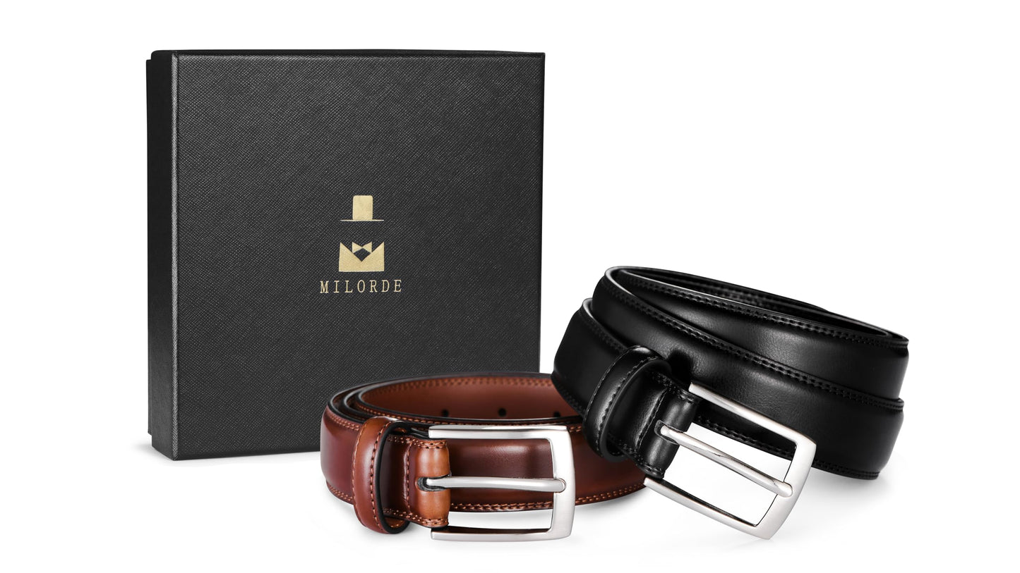 MILORDE Men's Leather Dress Belt 2Pack, Handmade, 100% Cow Leather, Fashion & Classic Designs for Work Business and Casual (2pack-Black101/Brown103,38)