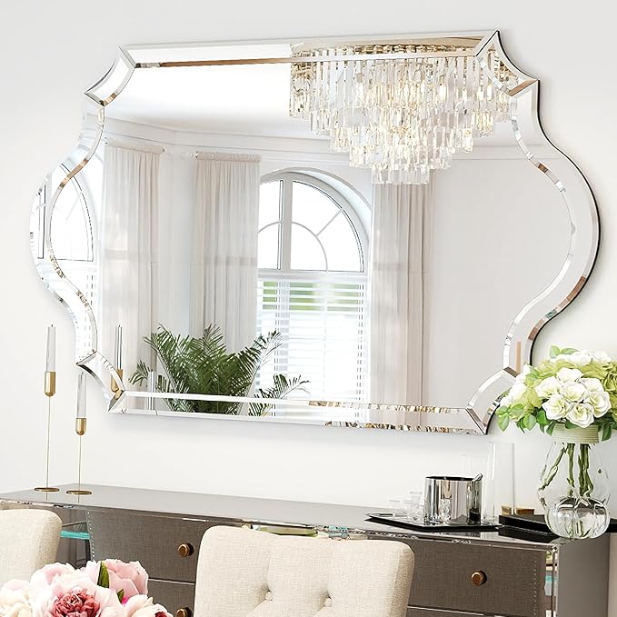 Chende 32"x47" Scalloped Large Wall Mirror for Decor Living Room, Arched Decorative Mirror with Clear Glass Frame and Beveled Edge, Modern Vertical/Horizontal Hanging, Gifts for Girls