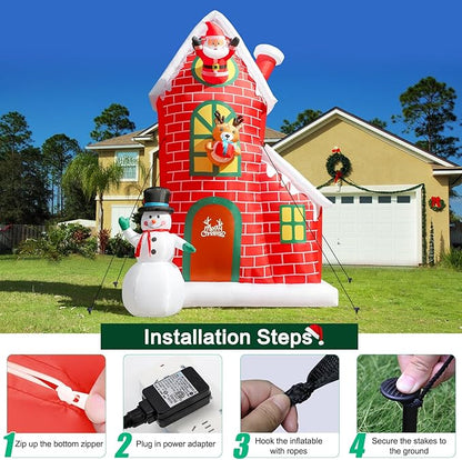 12FT Christmas Inflatable Outdoor Decoration, Huge Christmas Castle with Santa Snowman and Reindeer with Built-in LED Lights, Giant Blow Up House with Chimney for Xmas Decor Lawn, Yard, Party