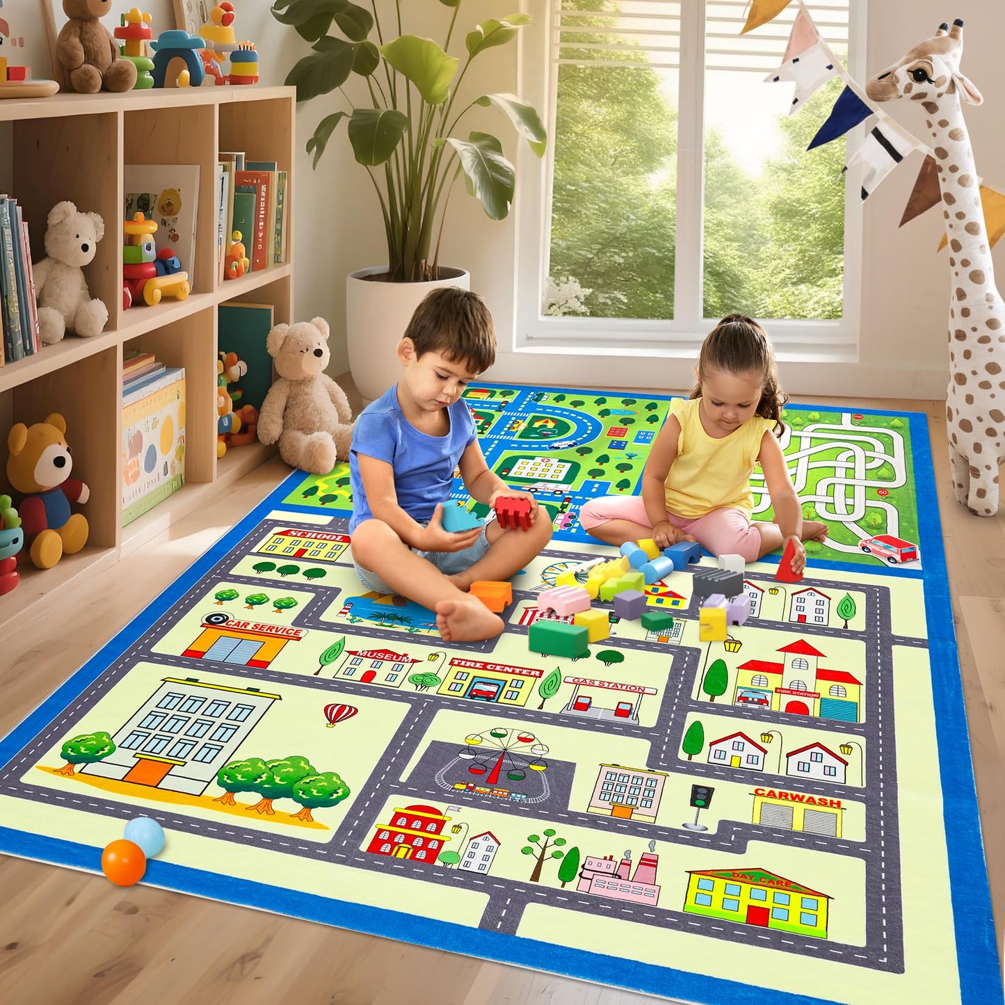 COZYLOOM City Life Car Road Kids Play Mat 4x6 Non Slip Washable Traffic Road Playroom Rug, City Map Race Track Carpet, Ultra-Soft Foldable Interactive Learning Rug for Kids Room Bedroom Nursery