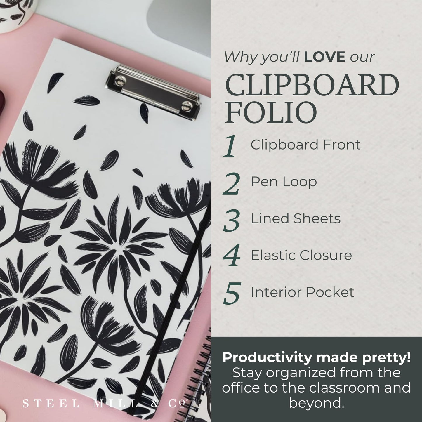 Steel Mill & Co Cute Clipboard Folio with Refillable Lined Notepad and Interior Storage Pocket, Padfolio for Work/Nursing/Teachers, Hand Drawn Black Floral
