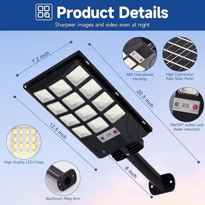Solar Lights Outdoor Motion Sensor, 6500K Dusk to Dawn LED Solar Street Light with Remote Control, IP65 Waterproof Solar Flood Lights for Outside Garden Yard,1PC