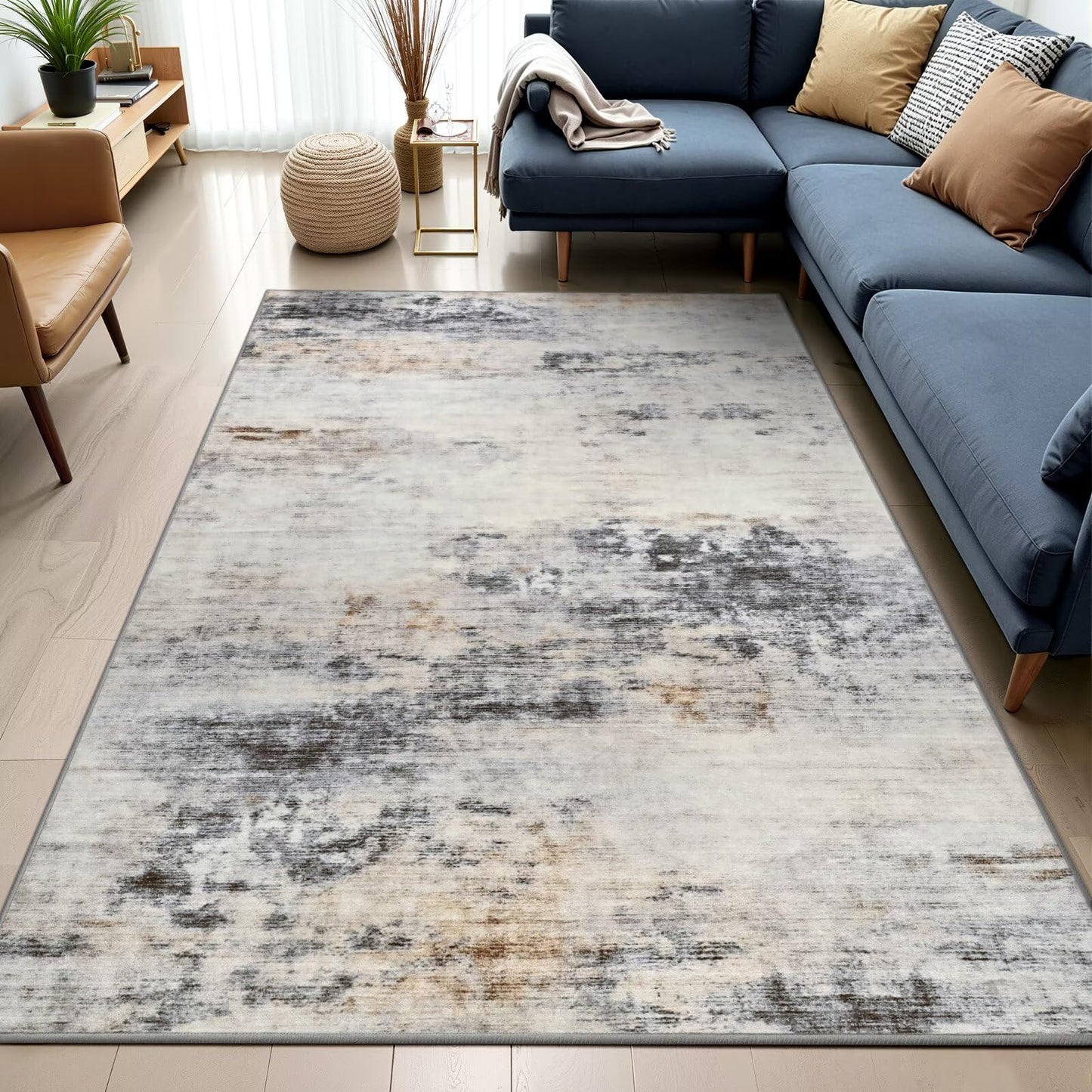 Toneed Abstract Area Rug Modern Washable Rug Soft Non Slip Rug Low Pile for Bedroom Living Room Dining Room Grey/Brown 4x6 Feet
