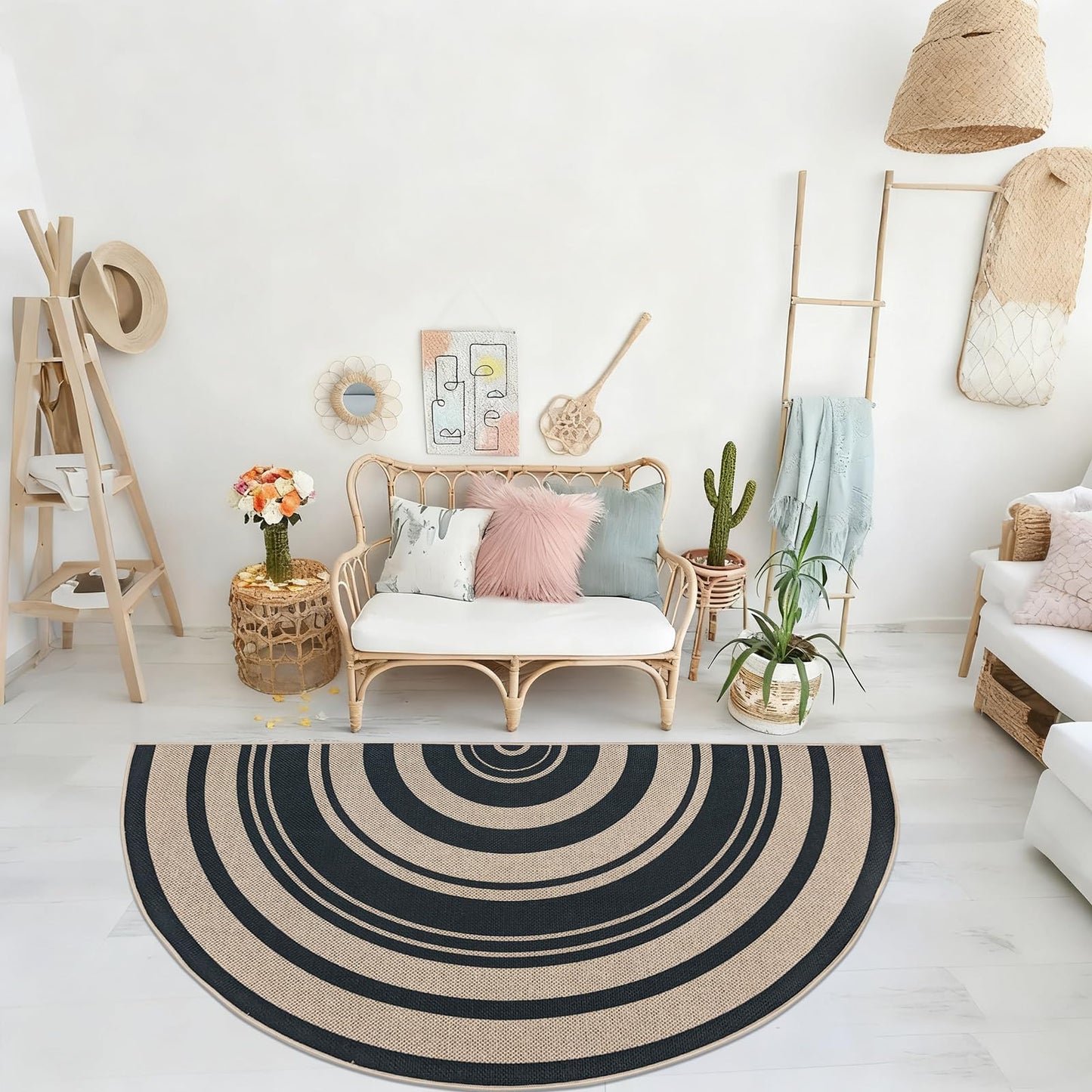 Lacomfy Easy Jute Rug 3x6Ft Half Circle Rainbow Carpet for Farmhouse Bedroom Carpet, Non-Slip Half Round Thin Neutral Floor Mat for Living Room Patio Kids Room Kitchen, Indoor Outdoor, Black 1