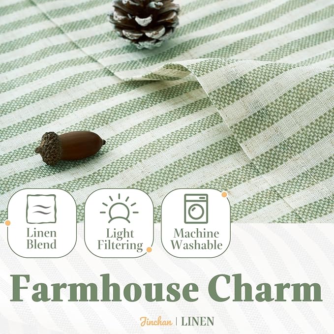 jinchan Striped Linen Kitchen Curtains with Attached Valance 36 Inch Length Cafe Tier Curtains for Living Room Rustic Half Window Light Filtering Rod Pocket Small Drapes 2 Panels Green