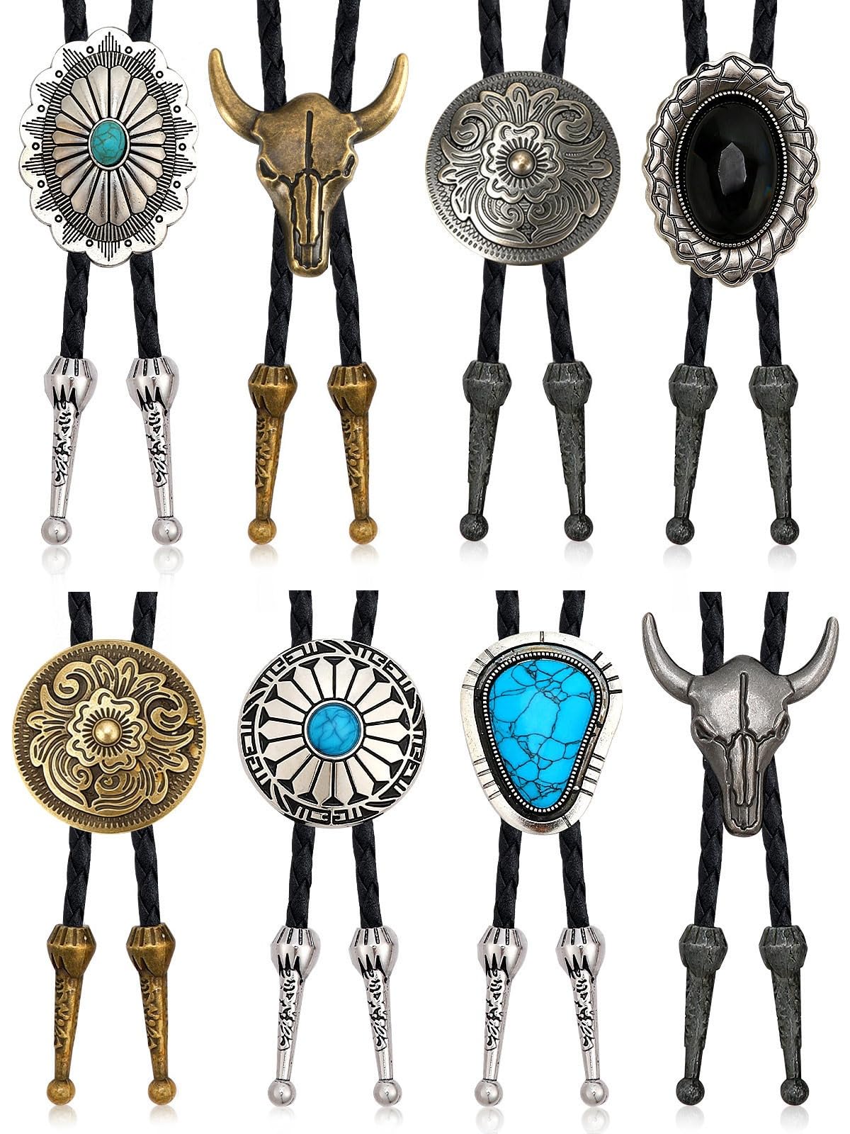 BOARDFEB 8 Piece Vintage Bolo Tie Set Adjustable Bolo Ties Western Leather Necktie Adjustable Costume Accessories Cowboy Cowgirl Gift for Weddings Retro Party Supplies