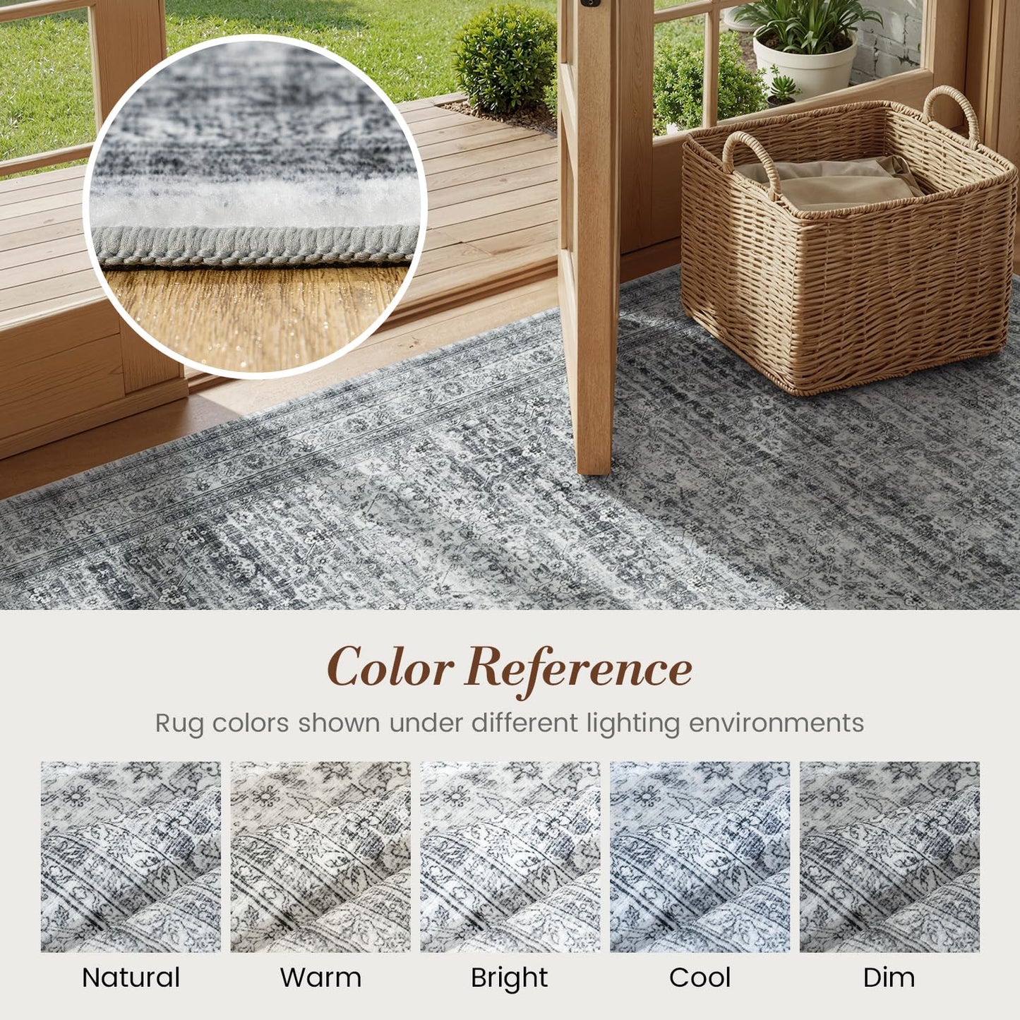 Vibrug Area Rug 6x9 Foggy Grey Vintage Washable Living Room Rugs Farmhouse Distressed Retro Floral Non-Slip Low Pile Stain Resistant Neutral Carpet for Office, Nursery, Lounge, Bedroom Foot of Bed
