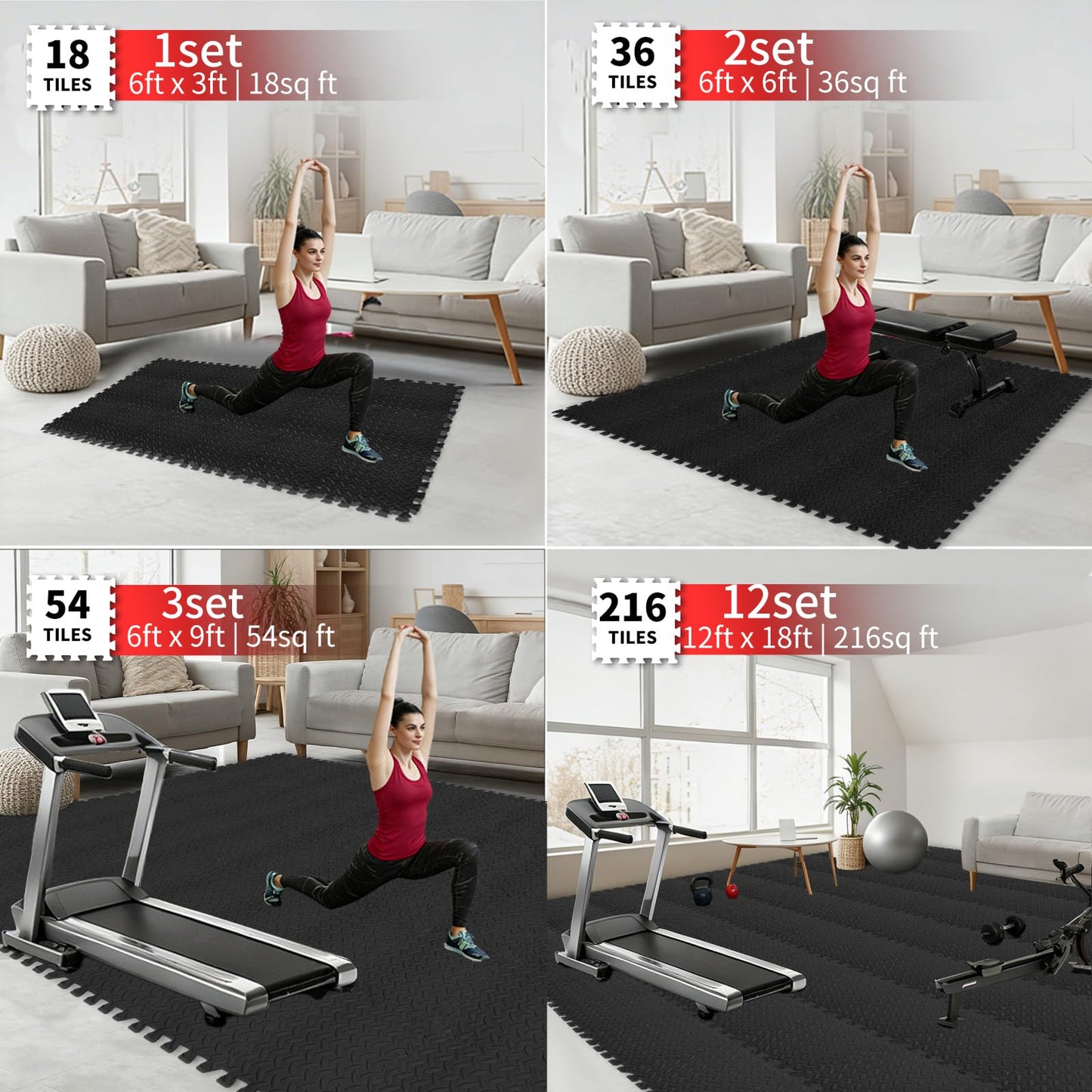 Maziloxe Gym Flooring for Home Gym, 18 PCS Anti-Slip Interlocking Foam Floor Tiles, 12.6"x12.6"x0.4" EVA Exercise Mats, Puzzle Floor Mat For Workout, Yoga, Kids Play Area, Treadmill, Garage