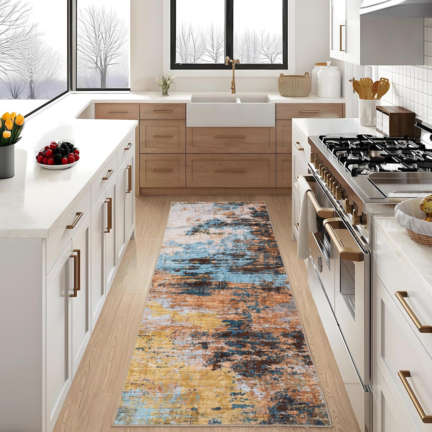 GarveeHome Washable Area Rugs 2x6 Non-Slip Abstract Runner Rugs, Ultra-Soft Low Pile Floor Cover, Stain Resistant Contemporary Indoor Floor Carpet for Hallway, Bedroom, Laundry, Yellow