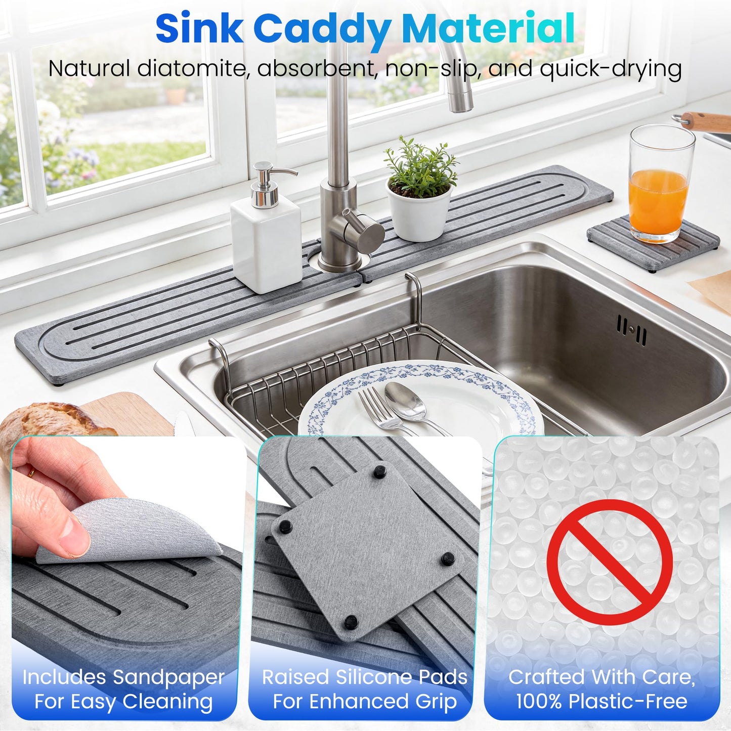 Stone Drying Mat for Kitchen Counter, Diatomite Faucet Mat for Sink with Non-Slip Pads, Fast Dry Water Absorbing Sink Splash Guard and Coaster - Durable and Stylish Design ( 23.5×3.9 Inch ) (GREY)