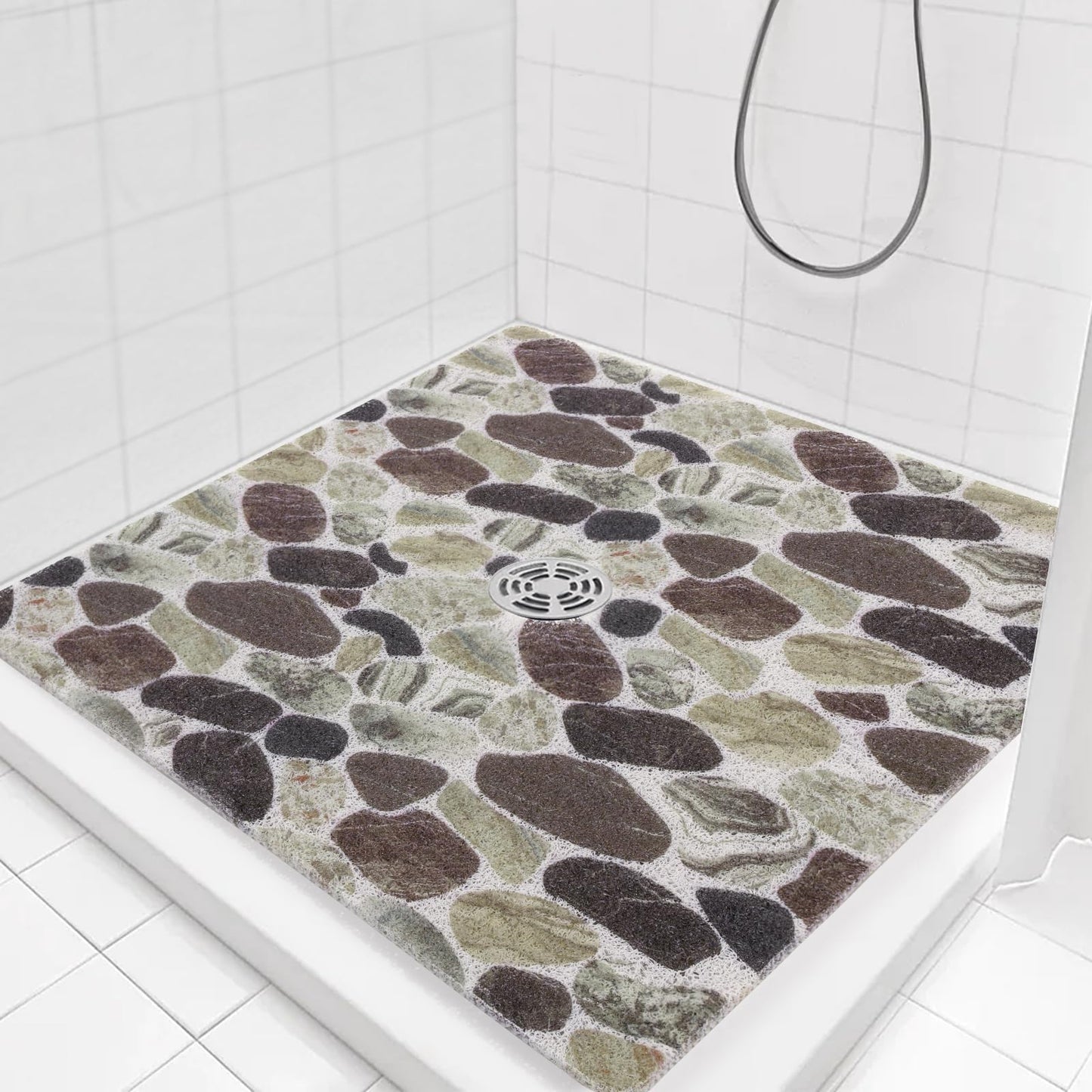 Hombys Non Slip Shower Mat 27x27 in, Shower Floor Mats with Drain Hole, Secure PVC Loofah Mat, Boho Coffee Pebble